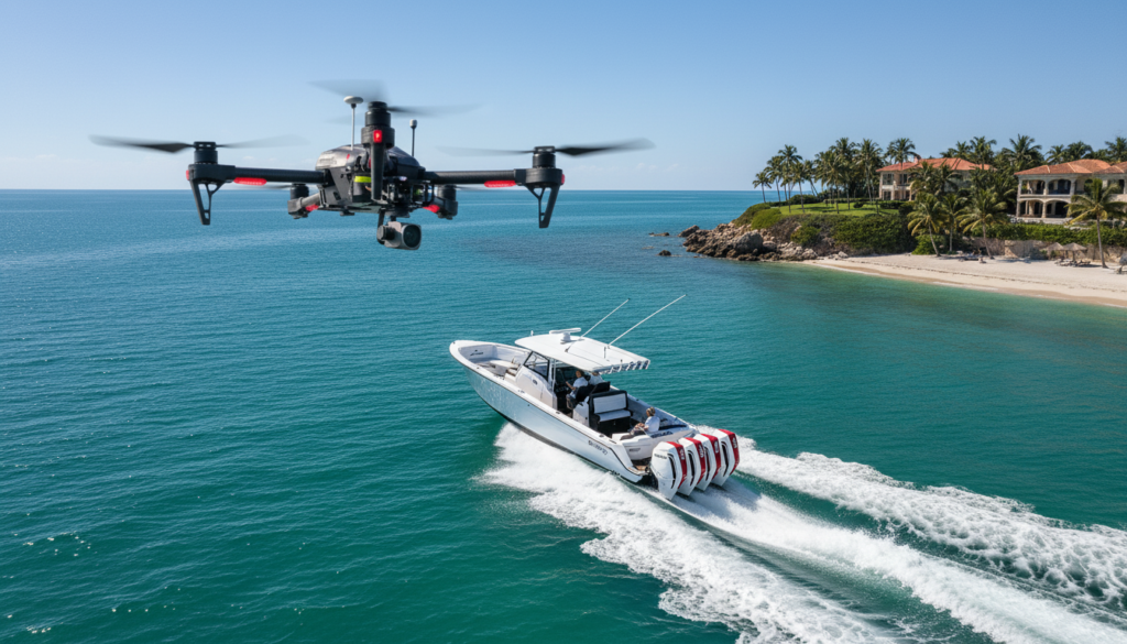 4 engine boat drone flyover