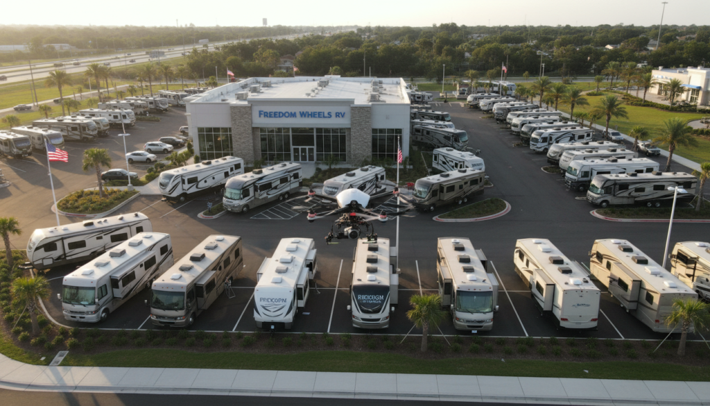 RV Dealership fly over and through