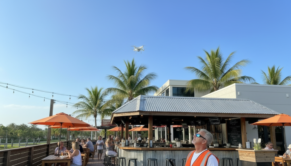 drone pilot flythrough and over restaurant
